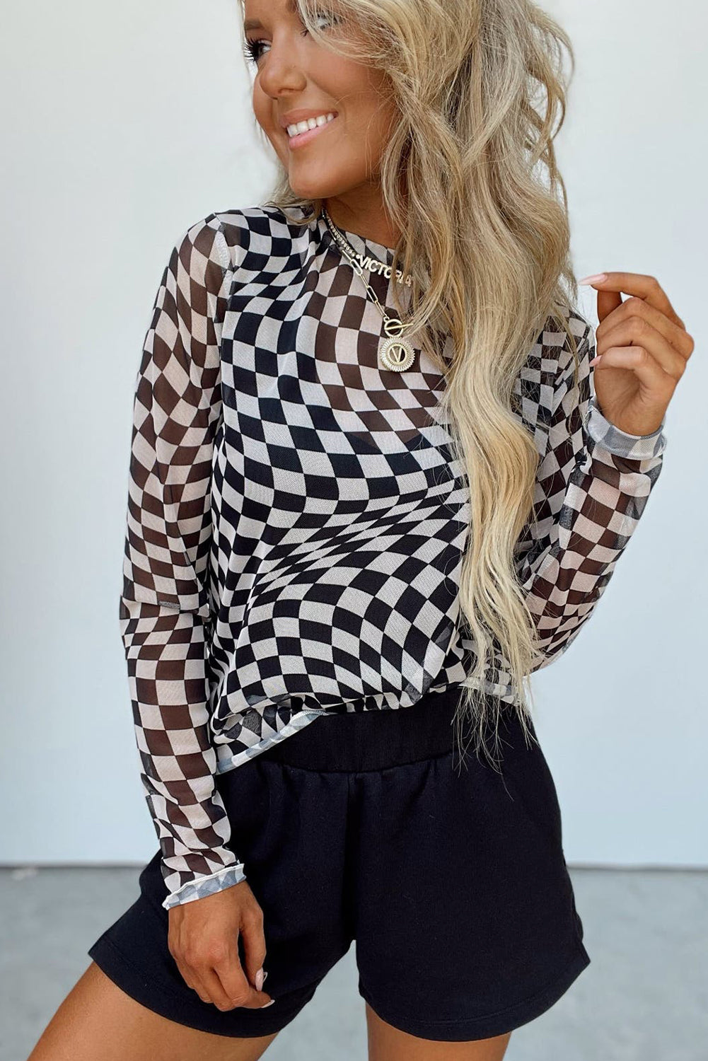 Khaki Checkered Pattern Mesh Mock Neck Long Sleeve Top
