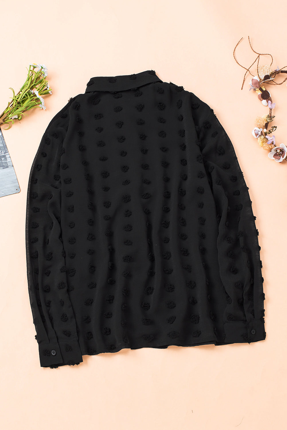 Gray Long Sleeve Button Fuzzy Polka Dot Shirt