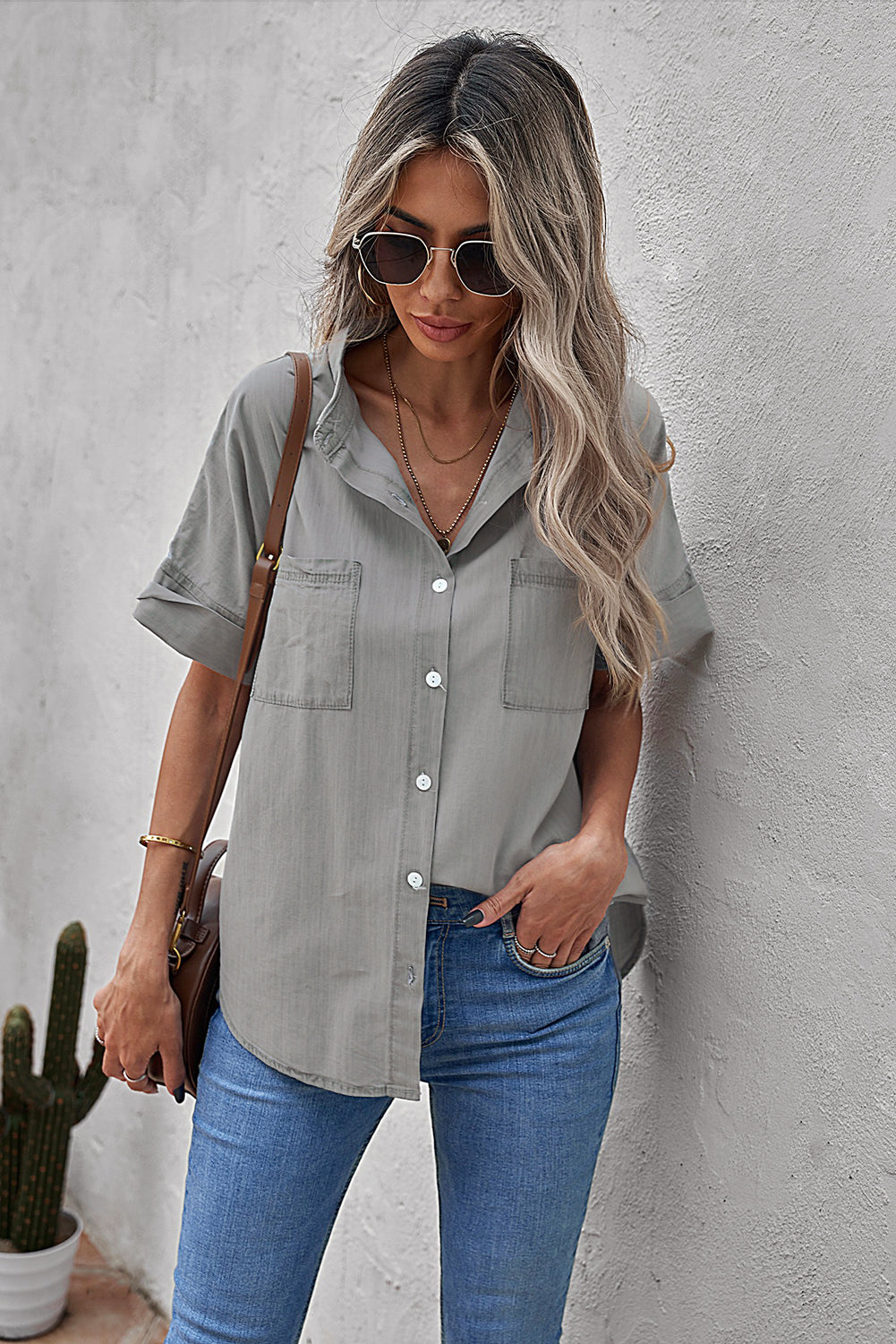 Green Turn-down Collar Short Sleeve Denim Shirt