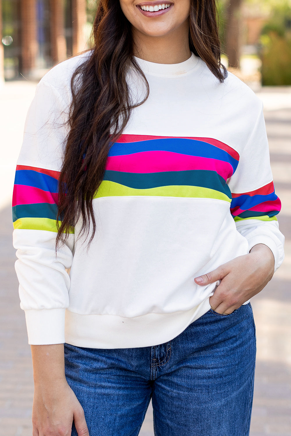 Green Colorful Striped Accent Long Sleeve T Shirt