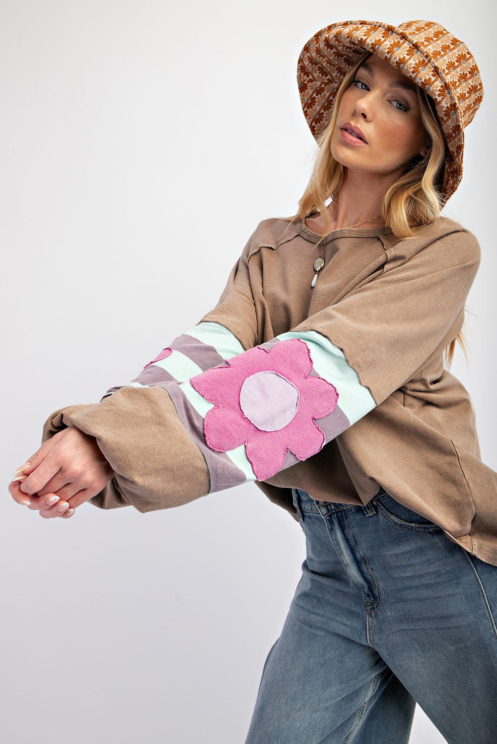 Sail Blue Flower Patchwork Raglan Sleeve Exposed Seam Oversized Top