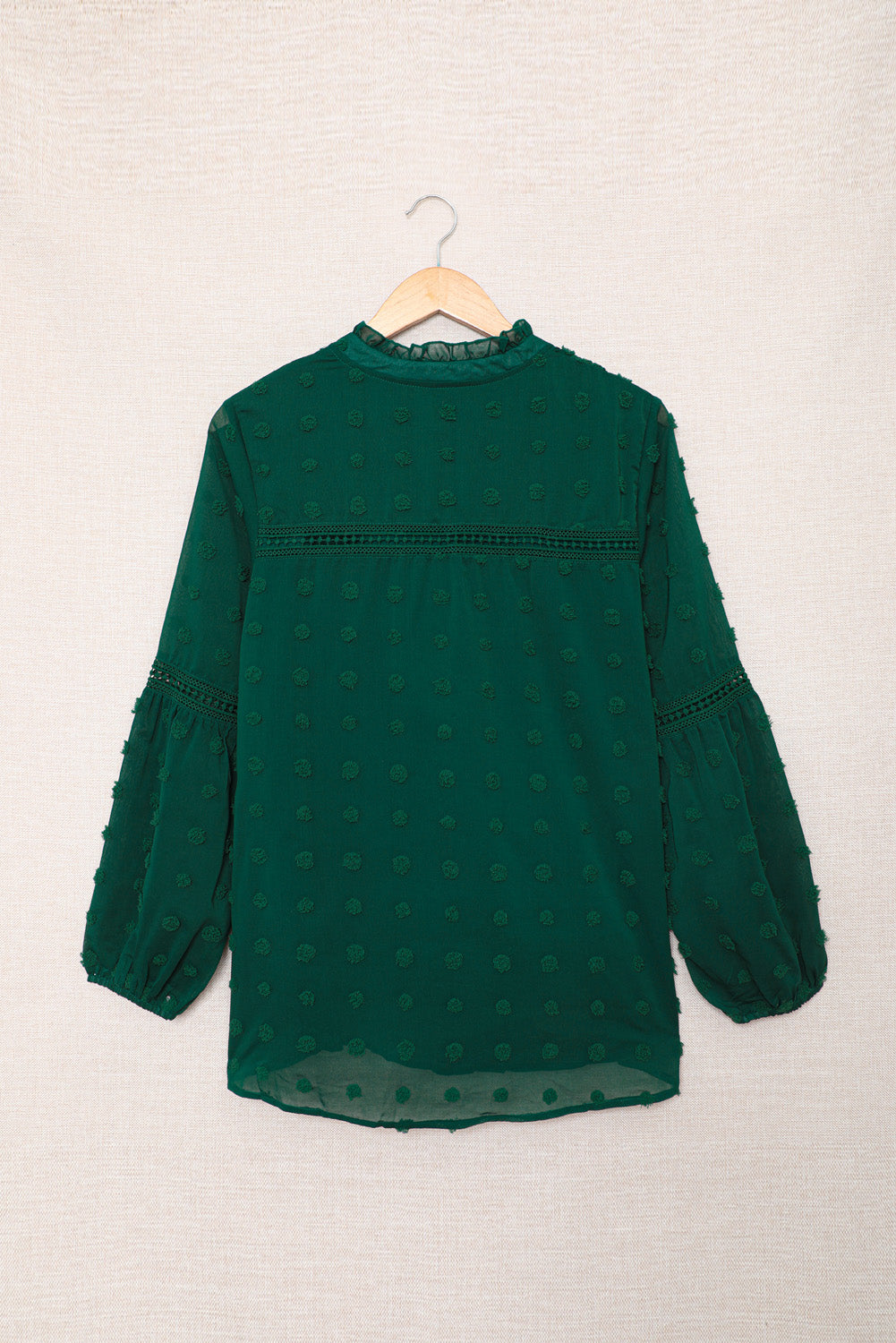 Blue Ruffled Split Neck Lace Hollow Out Puff Sleeve Polka Dot Blouse