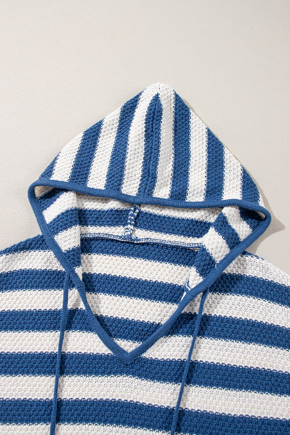 White Stripe V Neck Pocketed Drawstring Hooded Sweater