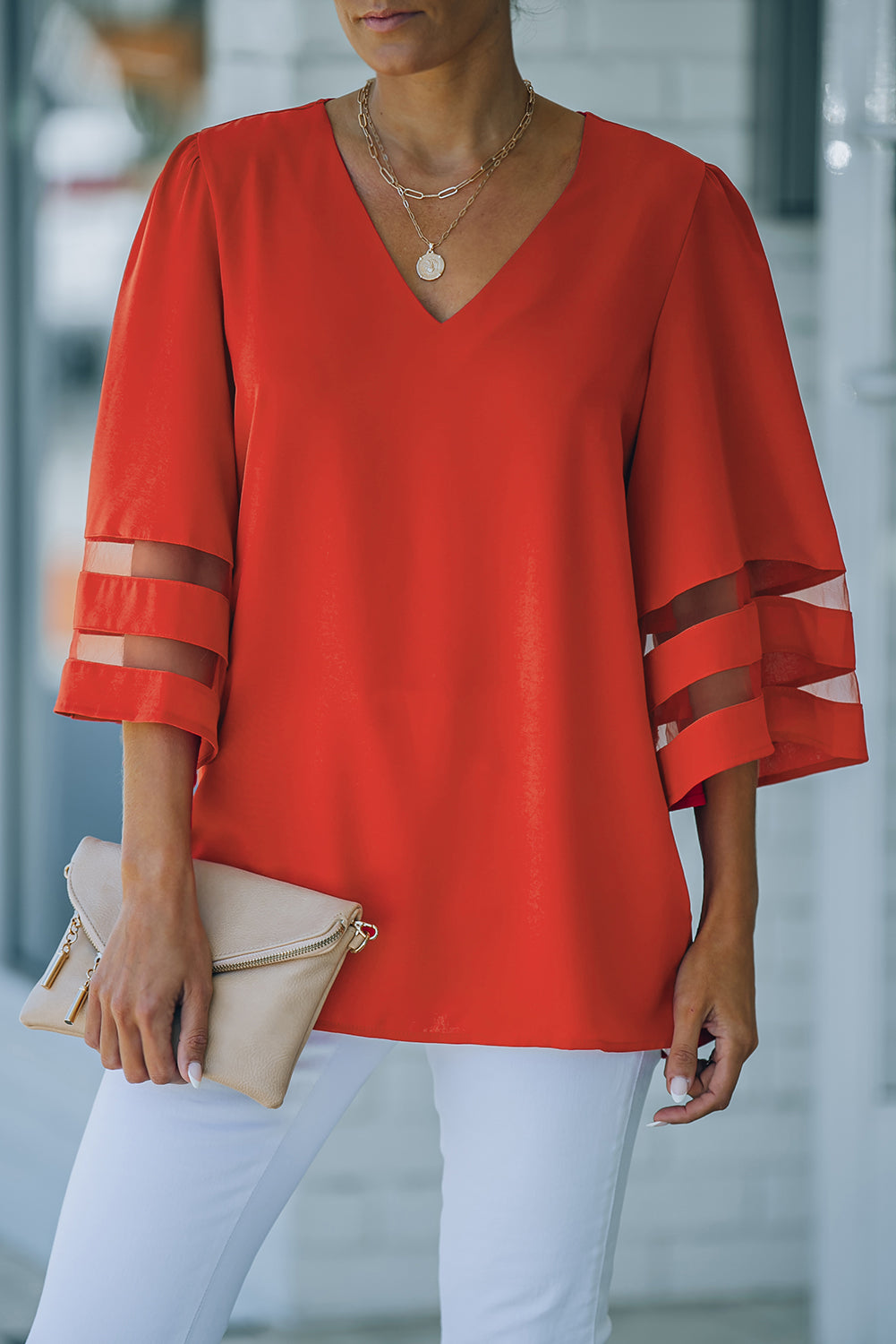 Green Flare Sleeve V Neck Loose Blouse