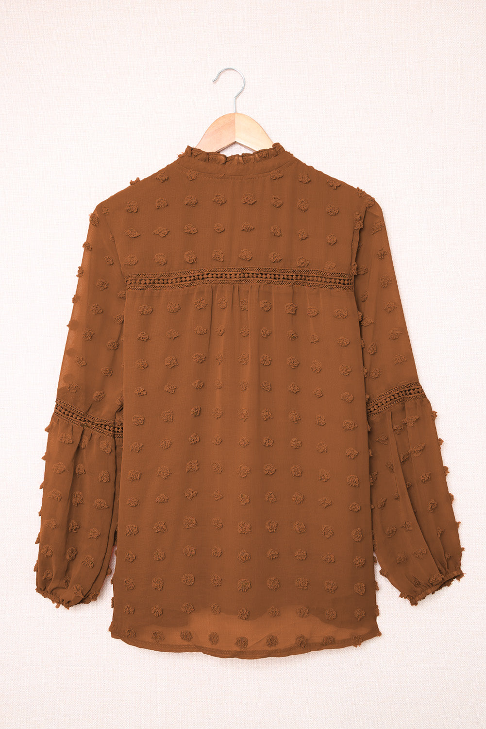 Blue Ruffled Split Neck Lace Hollow Out Puff Sleeve Polka Dot Blouse