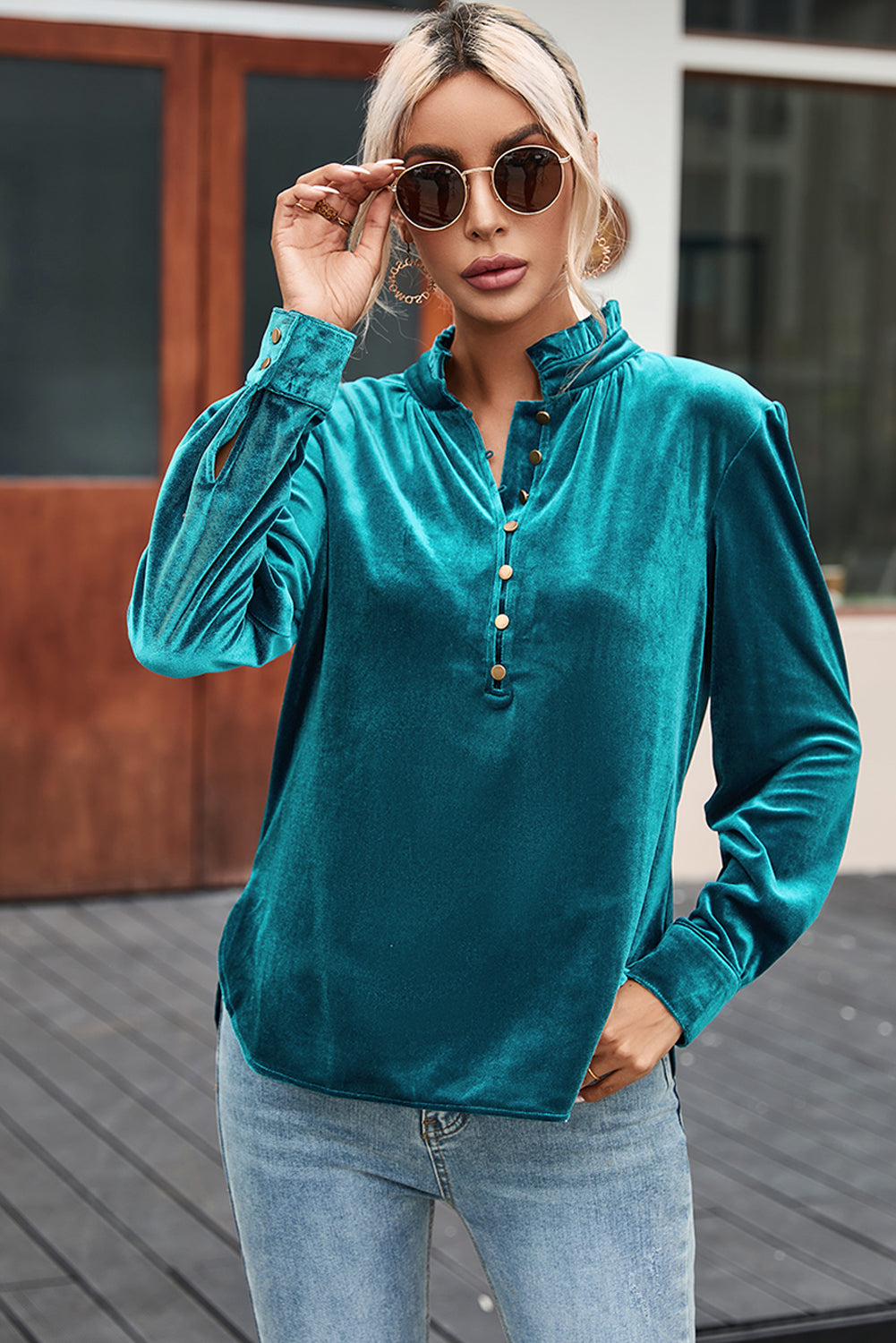 Desert Palm Frilled Neck Buttoned Front Velvet Top