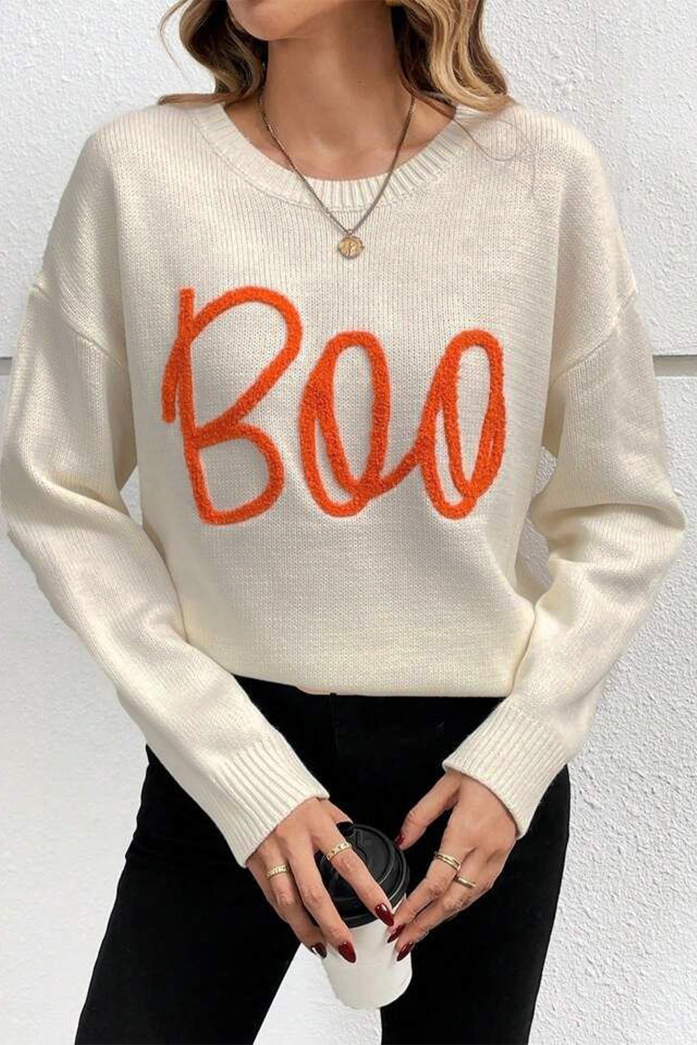 Orange Boo Knitted Pattern Ribbed Edge Drop Shoulder Sweater