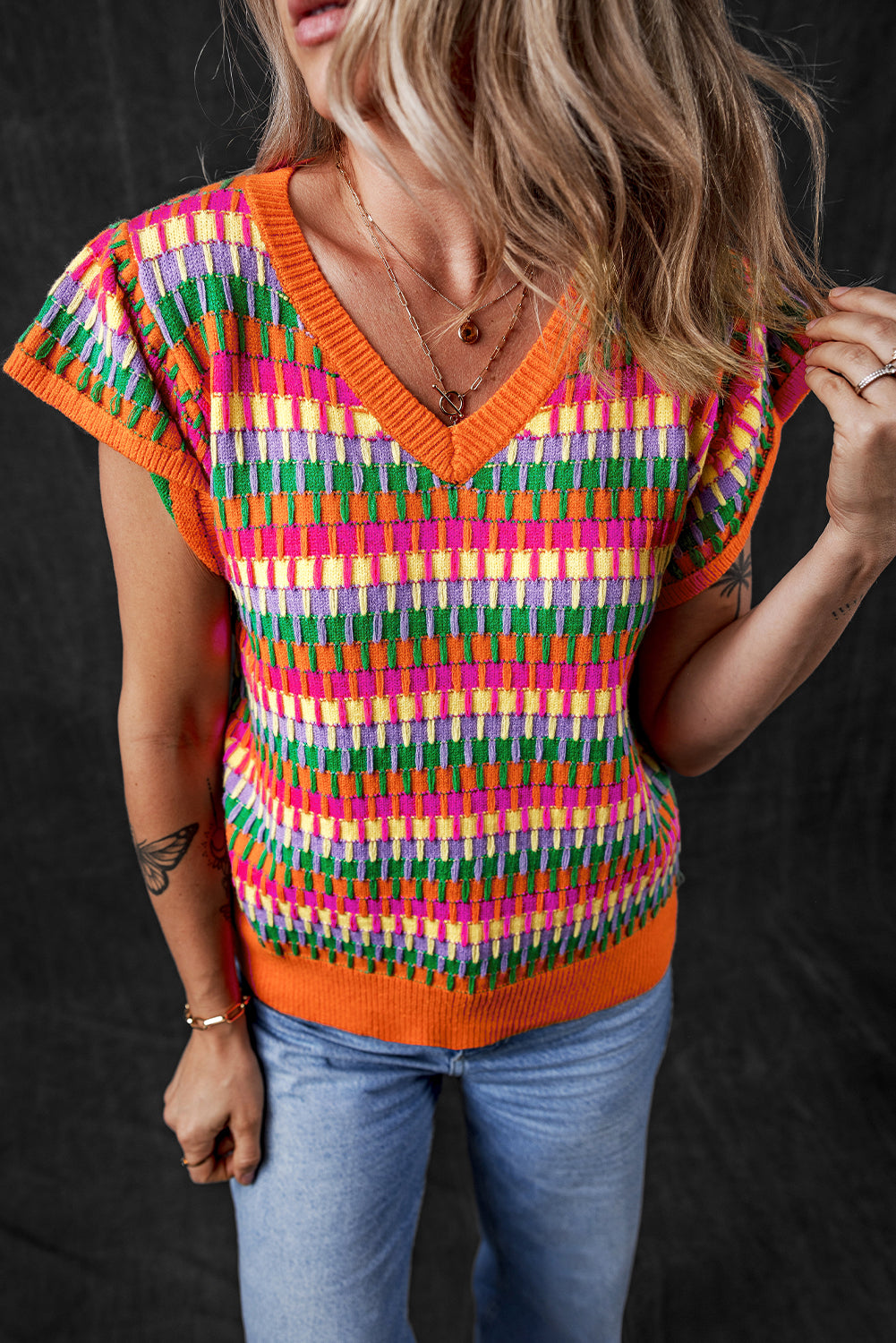 Green Multi Flutter Sleeve Knitted Sweater Top