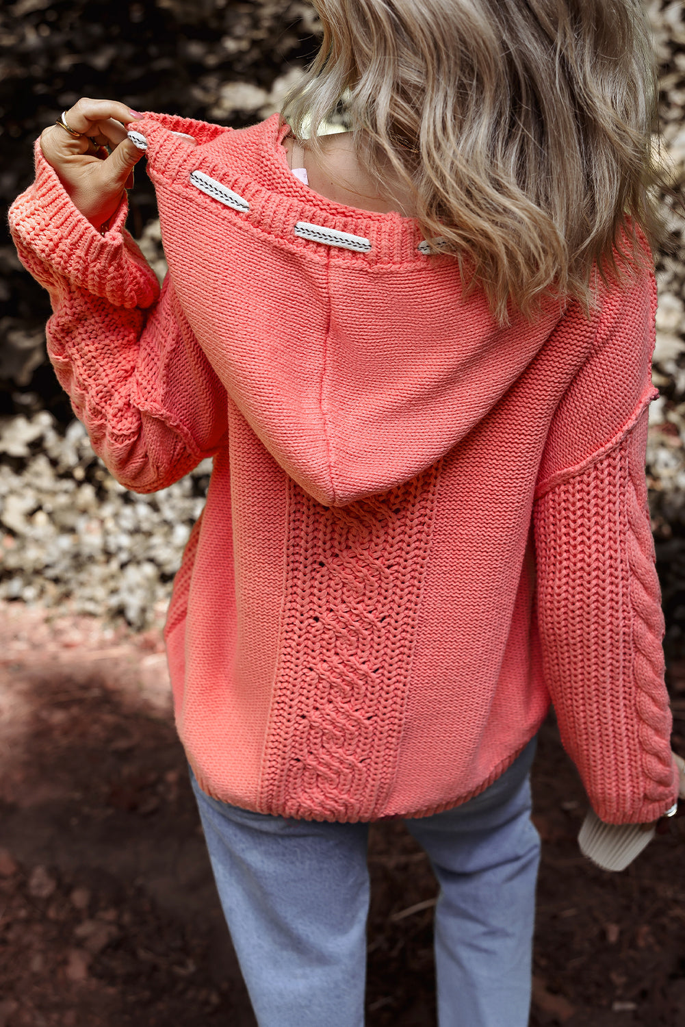 Sea Green Cable Knit V Neck Contrast Drawstring Hooded Sweater