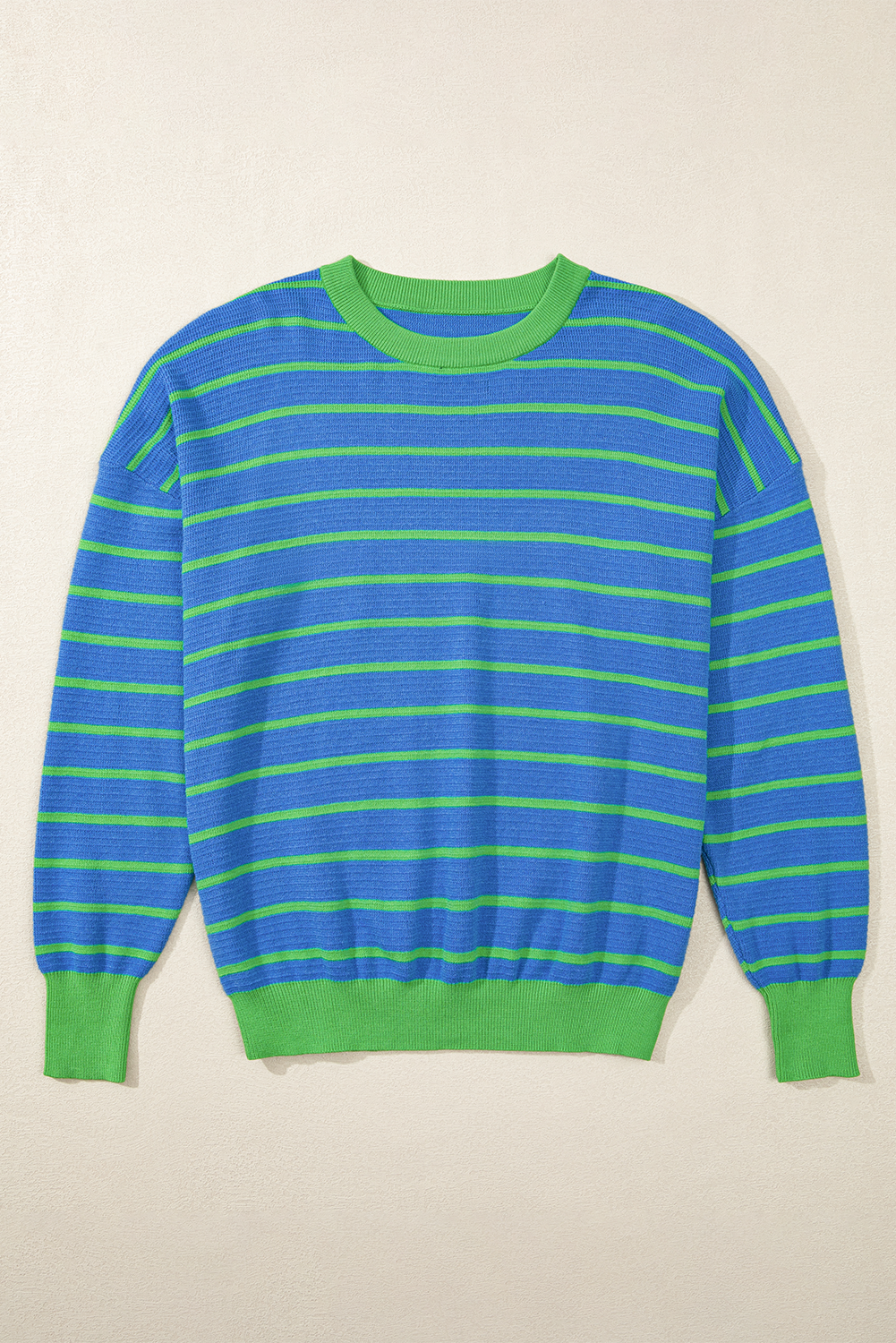 Pink Stripe Trimmed Round Neck Drop Shoulder Loose Sweater