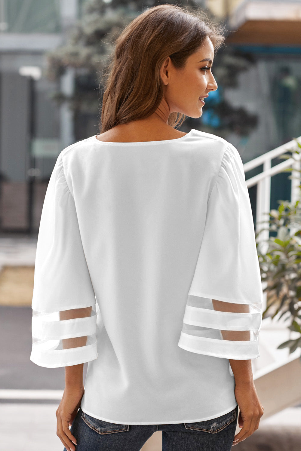 Green Flare Sleeve V Neck Loose Blouse