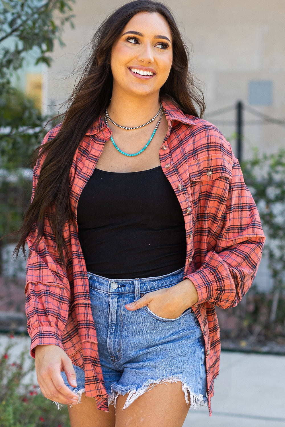 Green Plaid Long Sleeeve Side Split Distressed Hem Shirt