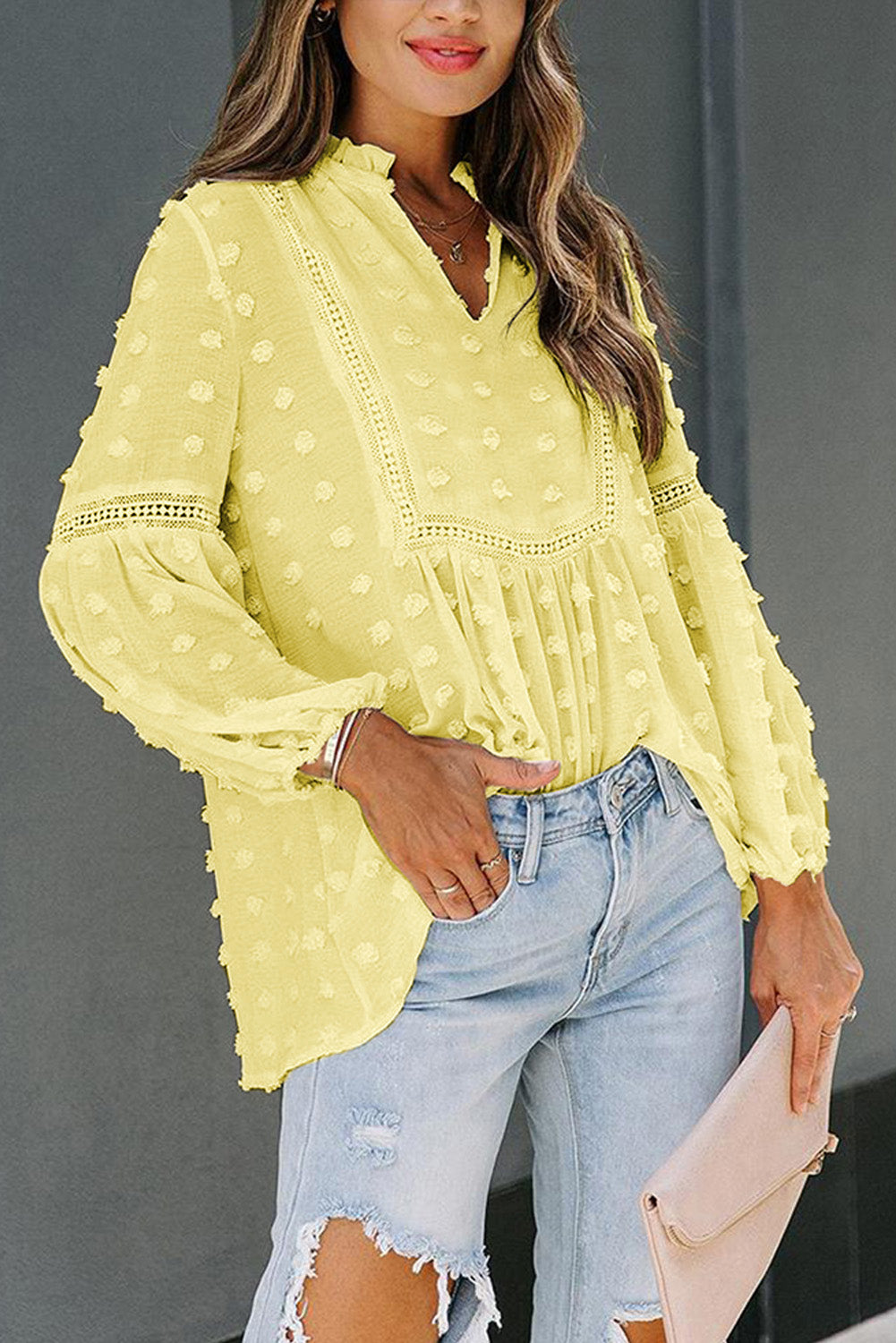 Blue Ruffled Split Neck Lace Hollow Out Puff Sleeve Polka Dot Blouse