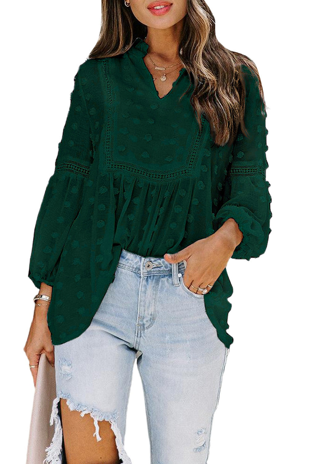 Blue Ruffled Split Neck Lace Hollow Out Puff Sleeve Polka Dot Blouse