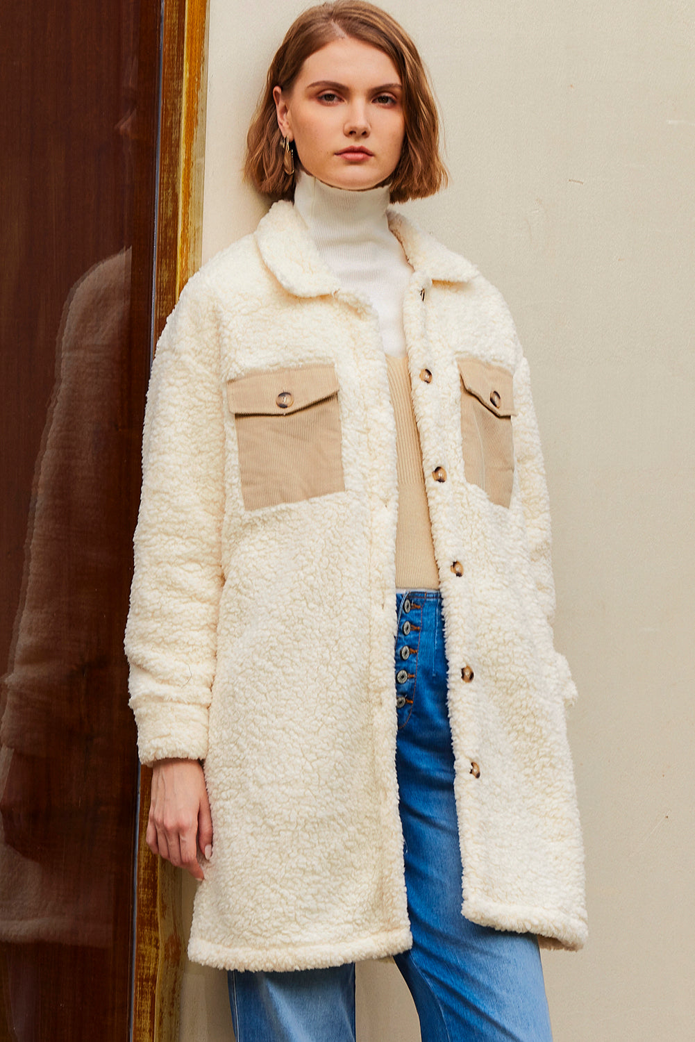 Khaki Contrast Flap Pocket Single Breasted Teddy Coat