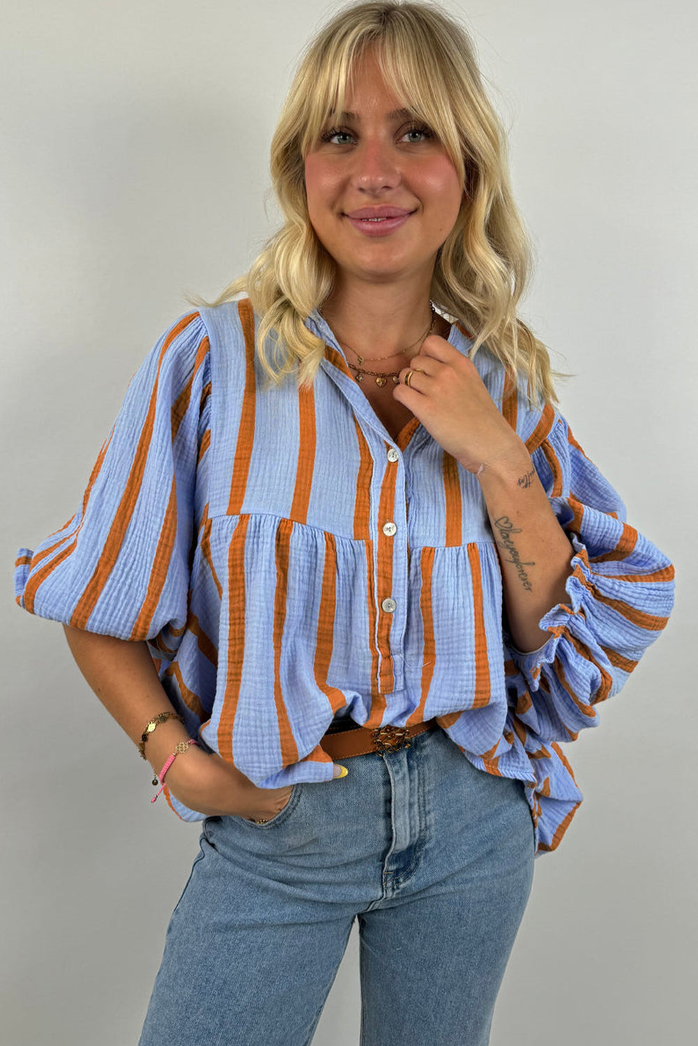 Black Stripe Crinckled Ruffled Sleeve Button up Loose Shirt