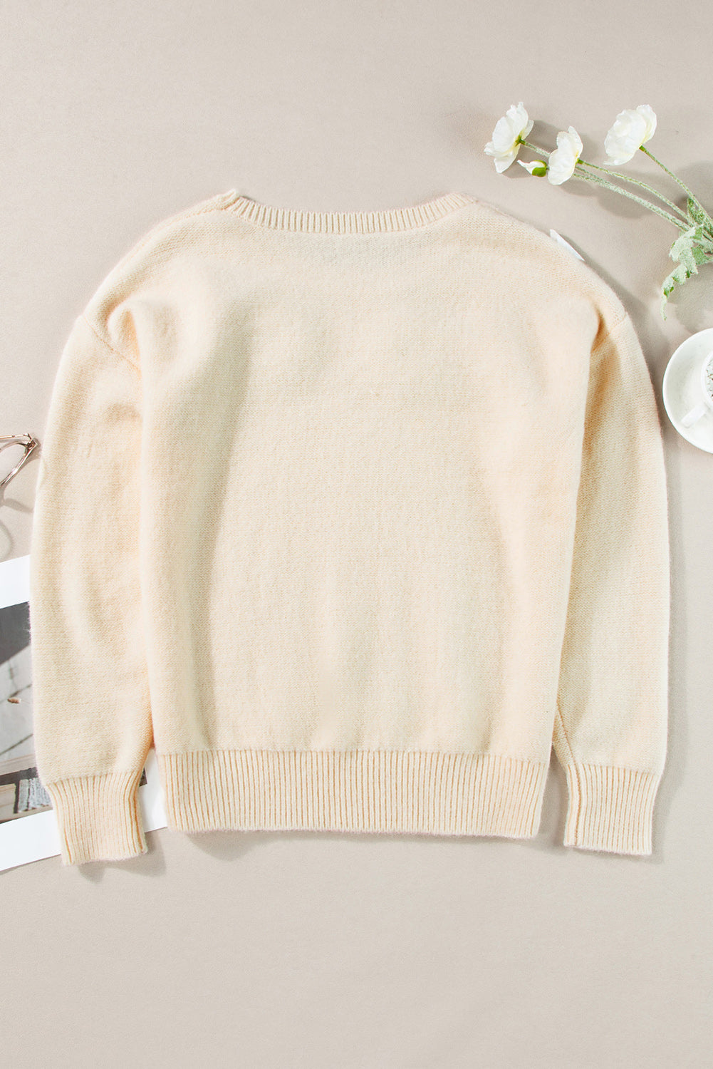Light Blue Knitted Flower Pattern Ribbed Edge Sweater