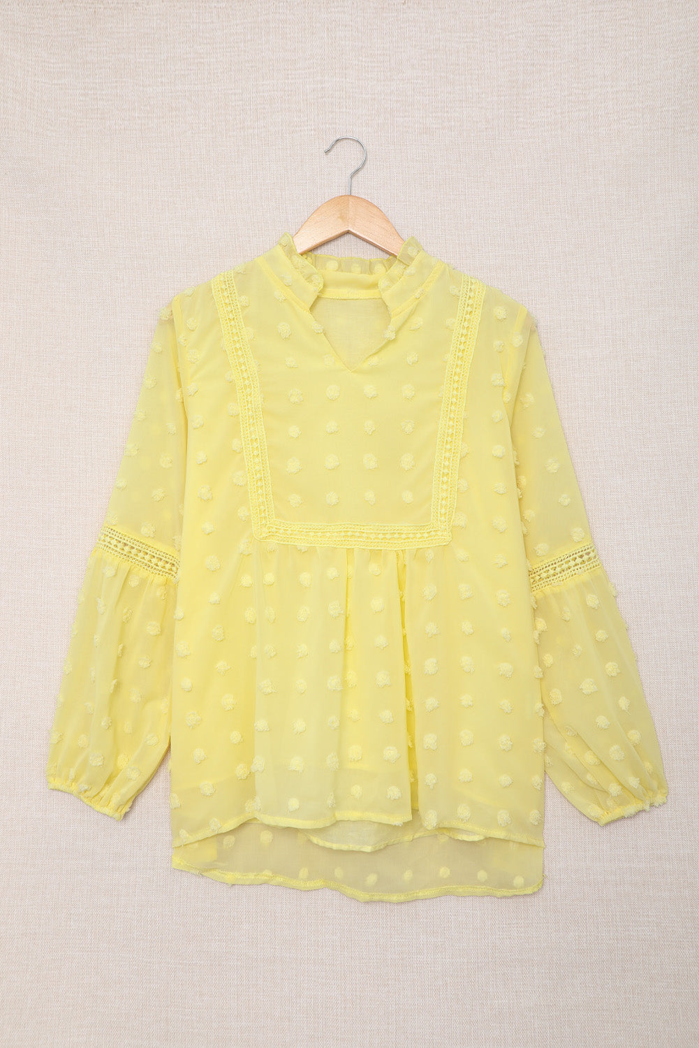 Blue Ruffled Split Neck Lace Hollow Out Puff Sleeve Polka Dot Blouse