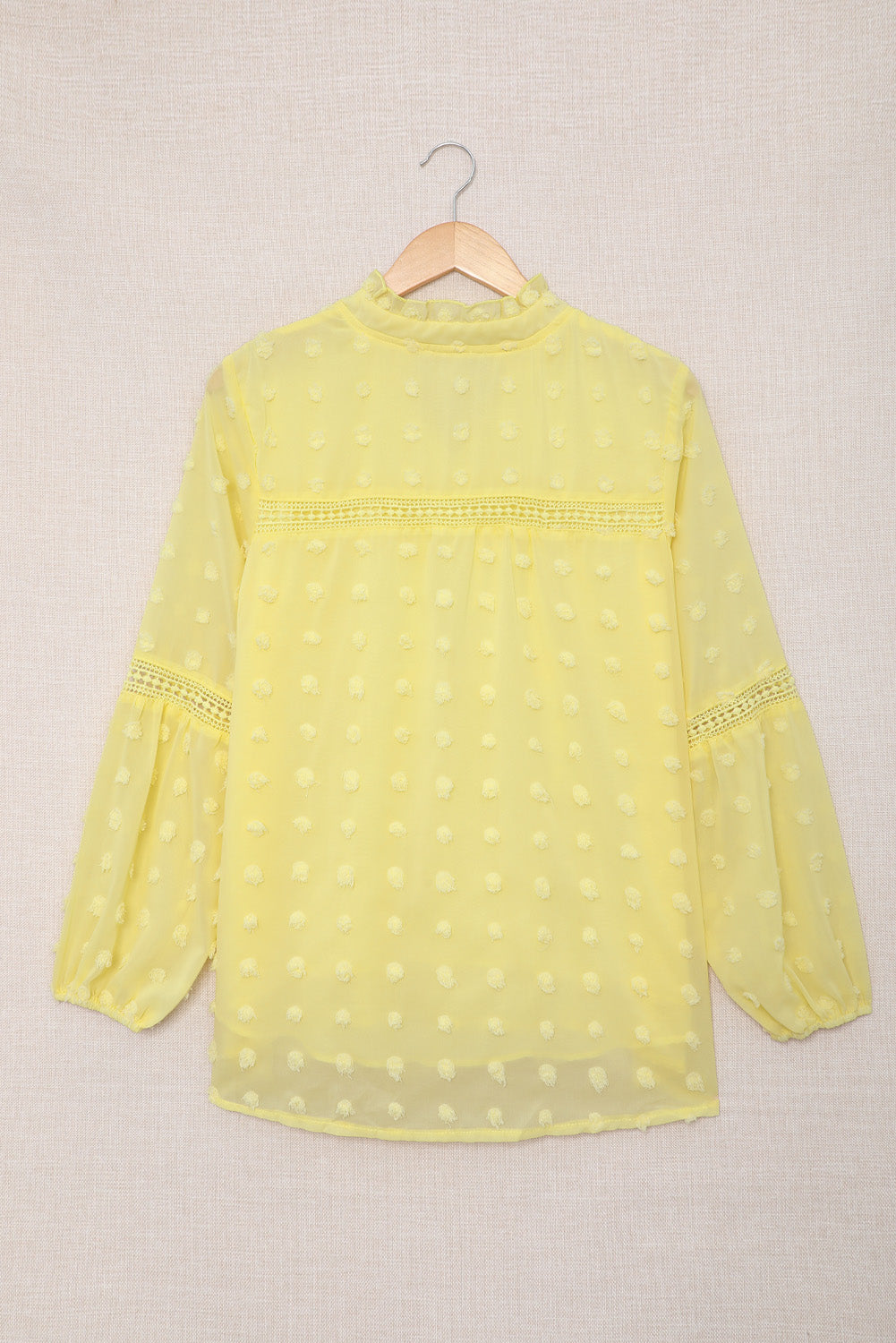 Blue Ruffled Split Neck Lace Hollow Out Puff Sleeve Polka Dot Blouse
