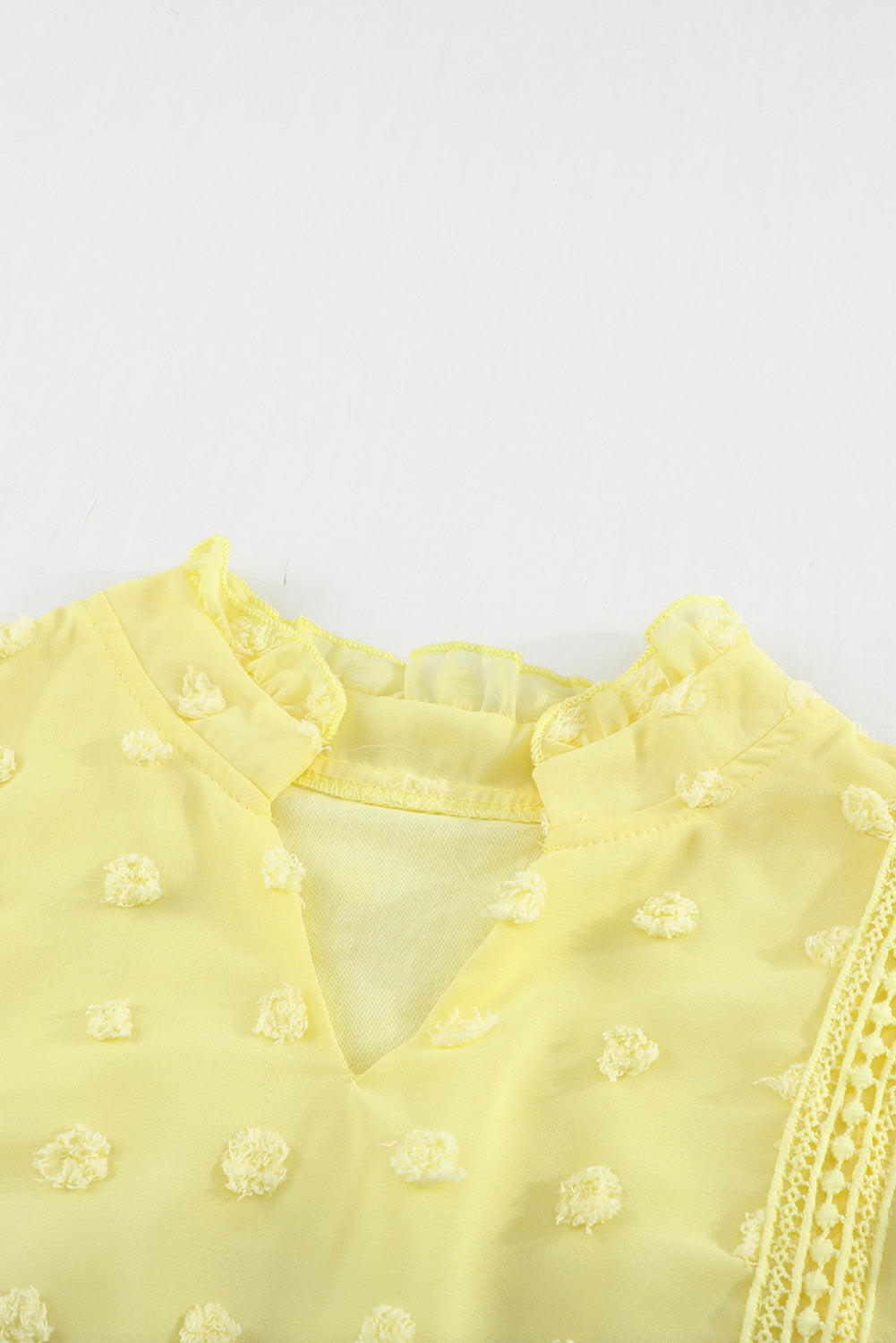 Blue Ruffled Split Neck Lace Hollow Out Puff Sleeve Polka Dot Blouse
