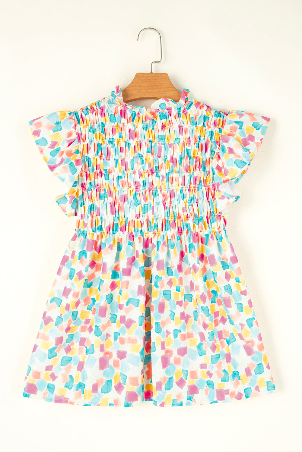 Pink Shirred Yoke Ruffled Abstract Printed Blouse