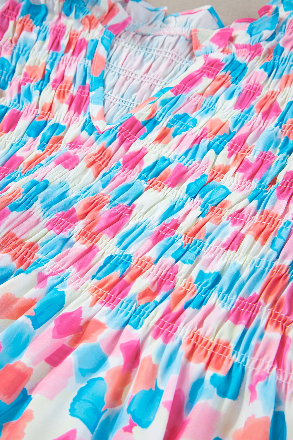 Pink Shirred Yoke Ruffled Abstract Printed Blouse