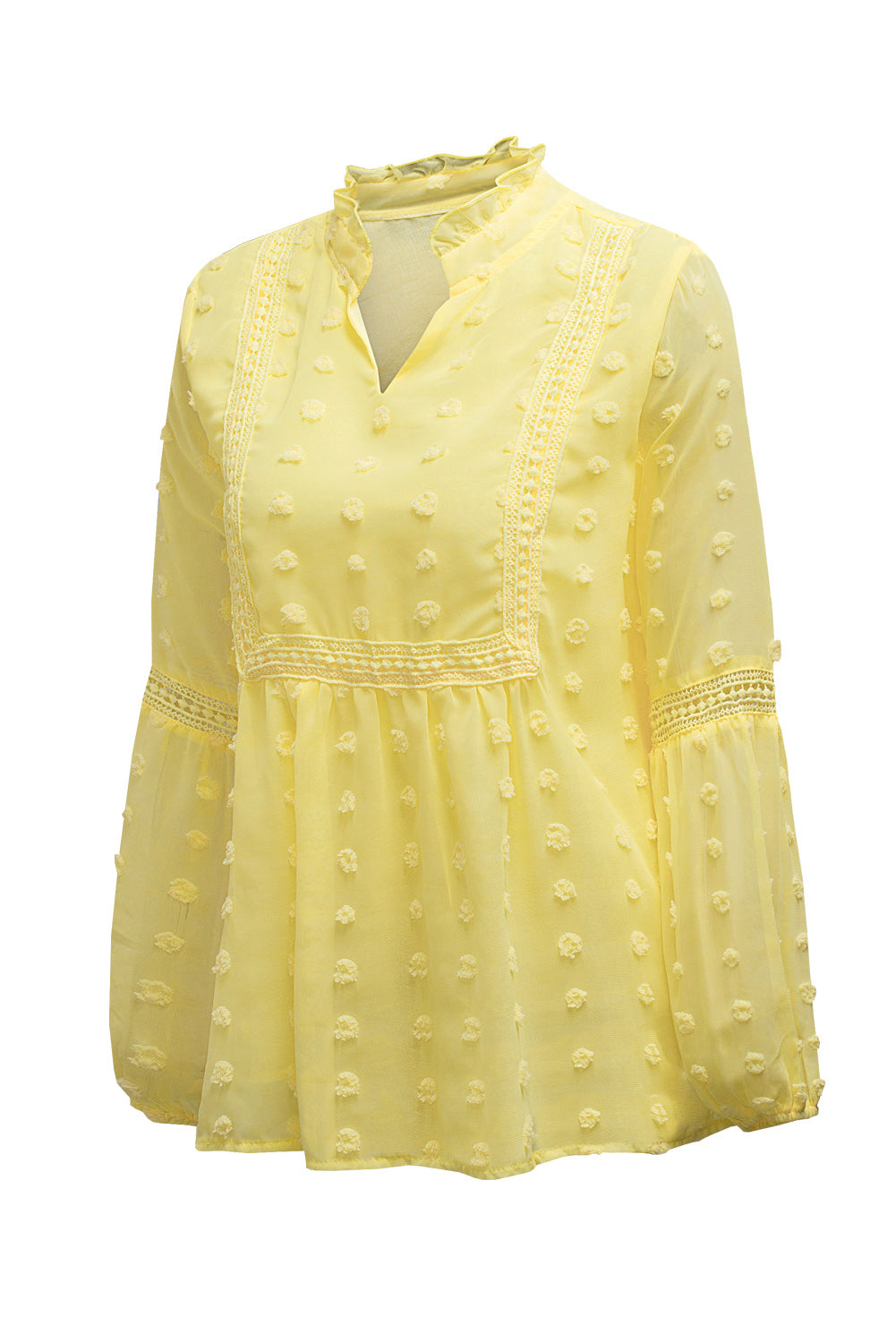 Blue Ruffled Split Neck Lace Hollow Out Puff Sleeve Polka Dot Blouse