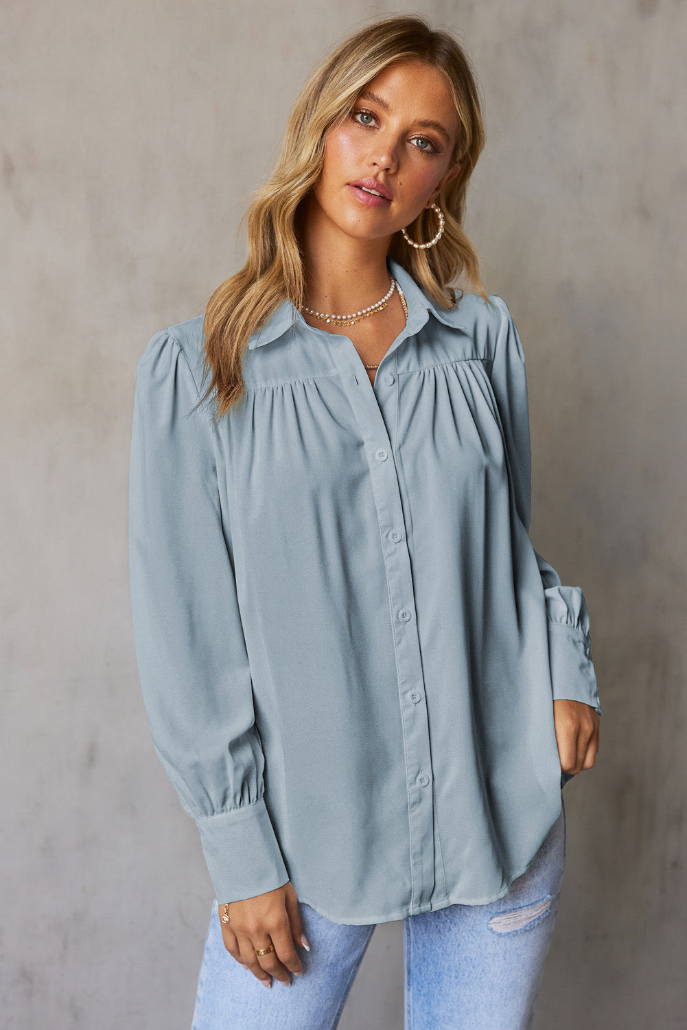 Sky Blue Solid Color Button Up Puff Sleeve Blouse