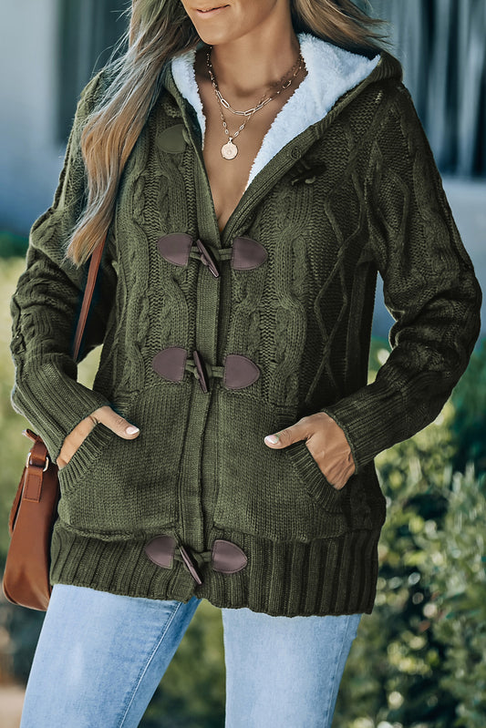 Fur Hood Horn Button Sweater Cardigan