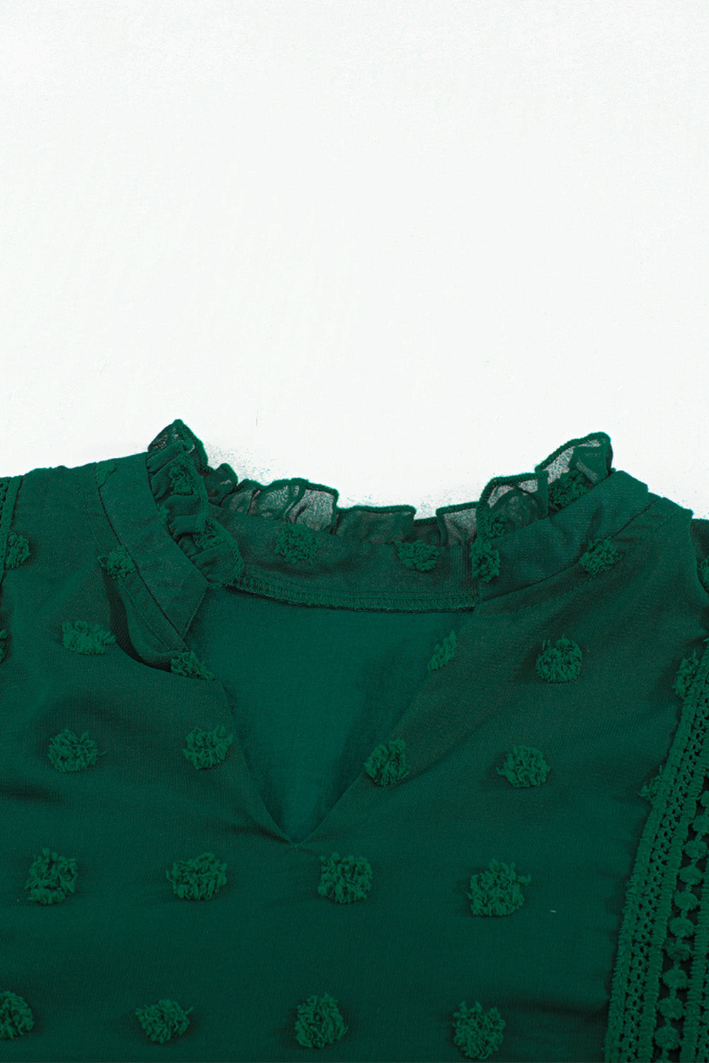 Blue Ruffled Split Neck Lace Hollow Out Puff Sleeve Polka Dot Blouse