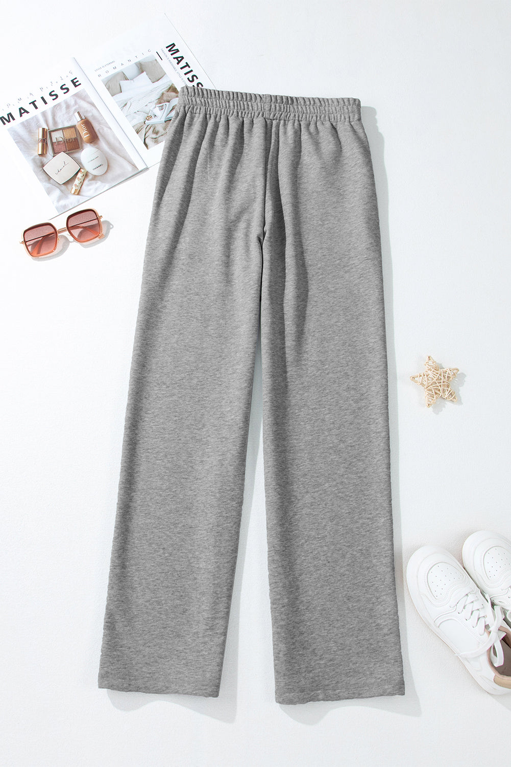 Navy Blue Solid Color Fleece Lined Drawstring Waist Casual Pants