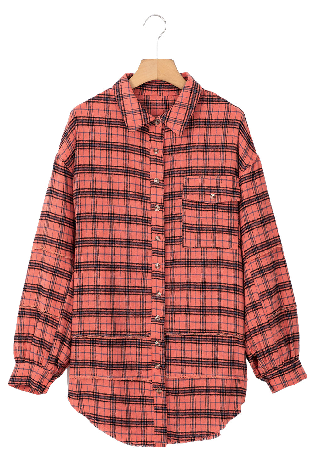 Green Plaid Long Sleeeve Side Split Distressed Hem Shirt
