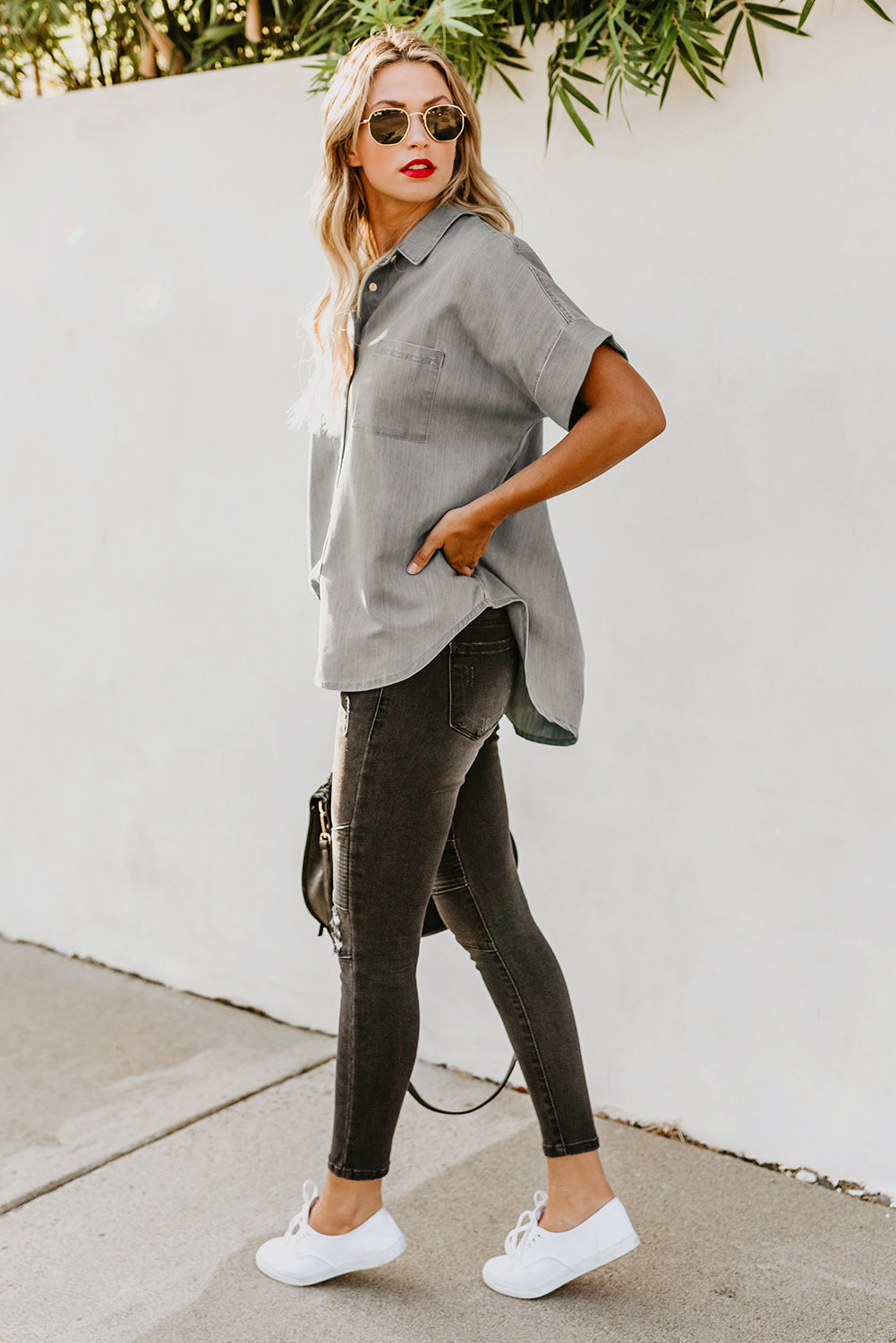 Green Turn-down Collar Short Sleeve Denim Shirt