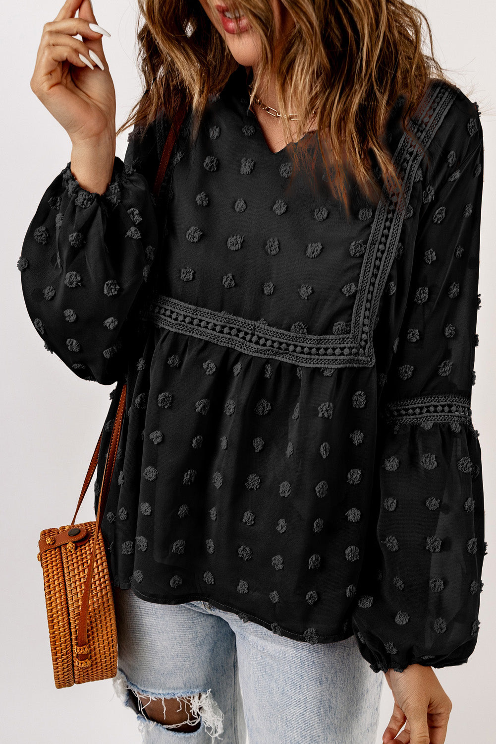 Blue Ruffled Split Neck Lace Hollow Out Puff Sleeve Polka Dot Blouse