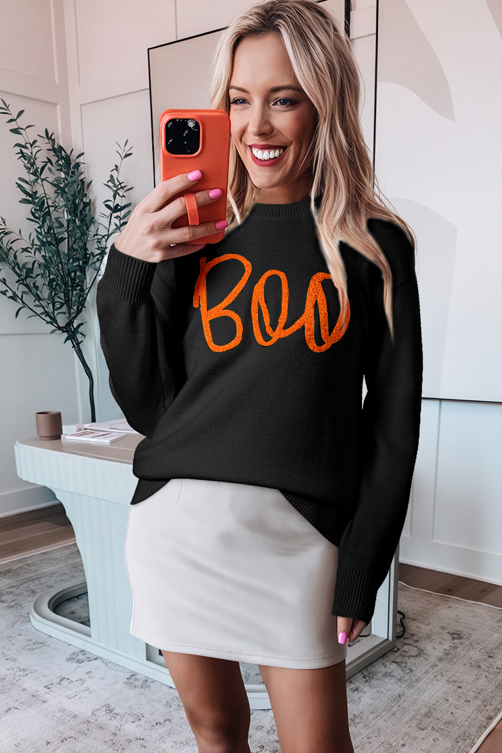 Orange Boo Knitted Pattern Ribbed Edge Drop Shoulder Sweater
