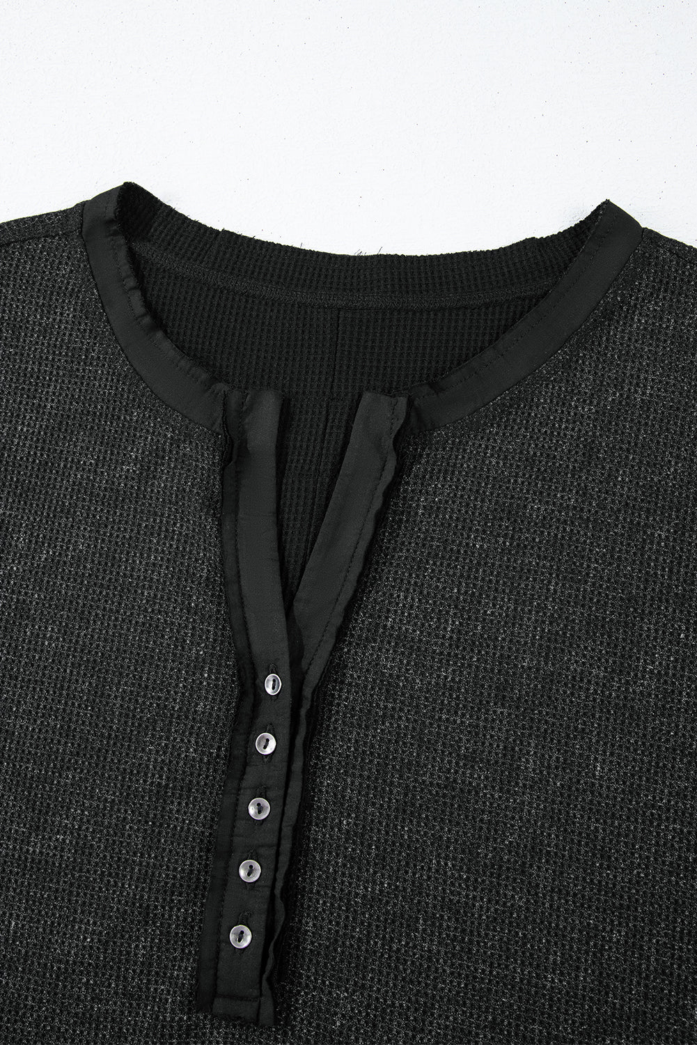 Smoke Green Acid Wash Waffle Knit Buttoned Neckline Long Sleeve Top
