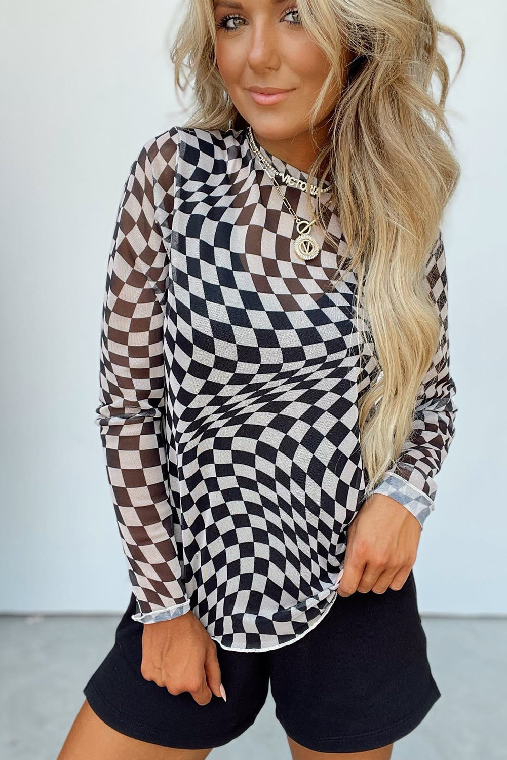 Khaki Checkered Pattern Mesh Mock Neck Long Sleeve Top